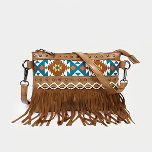 Bohemian Crossbody Bag PU Leather Canvas Fringe Tassel Rivets Geometric Ethnic Retro Shoulder Bag For Women