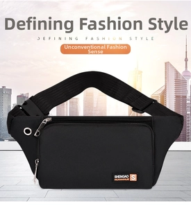 Detail of waterproof nylon waist bag with multiple zippers and metal earphone hole