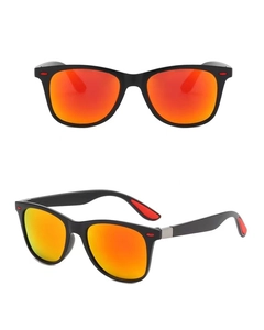 Close-up of classic matte black sunglasses with orange-red gradient mirror lenses