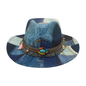 Detailed patchwork denim jazz fedora hat with ethnic beads and turquoise stone decor