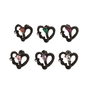 Set of 6 black heart-shaped snake studs with multicolored teardrop gemstones on white