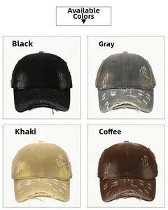 Distressed baseball cap color options in black, gray, khaki, and coffee with ripped details