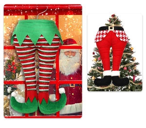 Detail view of plush Christmas elf legs decorations in striped and buckled belt styles