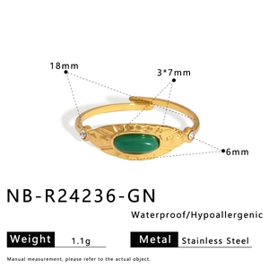 Detailed size specifications for a gold stainless steel ring with an oval green stone