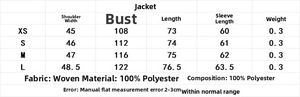 Size chart detail for printed shirt and skirt set showing XS to L measurements in cm