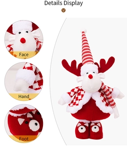 Detailed close-up showing face, hand, and foot of a plush Christmas reindeer decoration