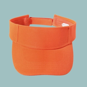 Detailed view of bright orange sun visor cap with adjustable velcro strap and cotton fabric