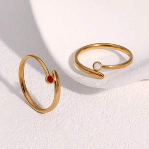 Minimalist 18k gold plated stainless steel open ring with red and white enamel dots