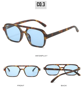 Three views of amber tortoise shell aviator sunglasses with blue lenses and double bridge