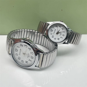 Close-up of Wecin quartz watches with elastic stainless steel bands and luminous white dials