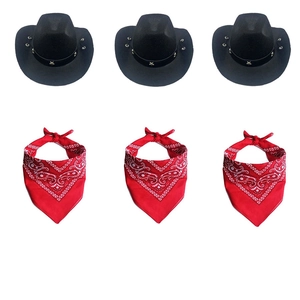 Detail set of three black pet cowboy hats and red paisley bandanas for small dogs and cats