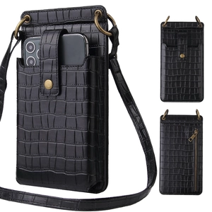 Detail view of black crocodile pattern phone bag with golden buckles and PU leather texture