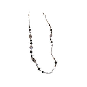 Elegant floral pearl sweater necklace with silver hollow flower and dark crystal beads