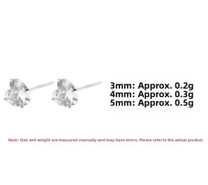Detail view of heart-shaped S925 sterling silver stud earrings in 3mm 4mm 5mm sizes