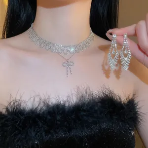 Rhinestone Bow Knot Necklace And Earrings Copper Jewelry Silver Earring Post Vintage Luxury Style For Women
