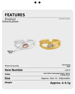 Macro detail of S925 sterling silver hammered texture ring with embedded gemstone 9mm band