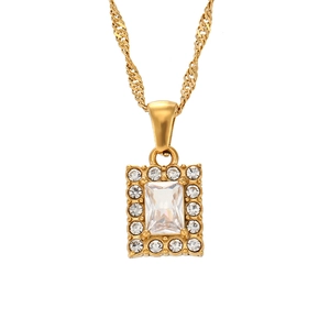 Golden stainless steel water wave chain necklace with a square zircon pendant for women