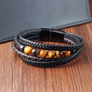 Bracelet multicouche en cuir pour homme avec pierres oeil de tigre et fermoir aimanté