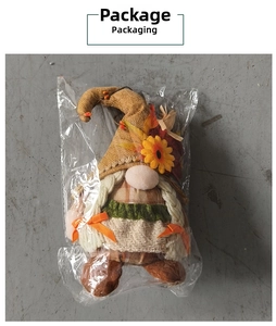 Detail showing the harvest gnome doll packaged in a transparent protective plastic bag