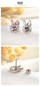 Detail view of rabbit earrings with crystal inlay and secure screw back closure