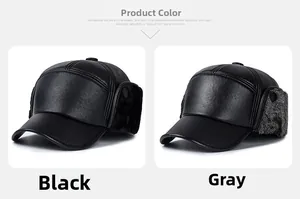 Detail of winter PU leather baseball caps showing thick faux fur lining on ear flaps