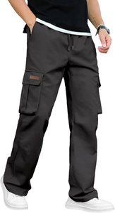 Detail of men's dark grey cargo pants featuring a drawstring waist and large side pockets