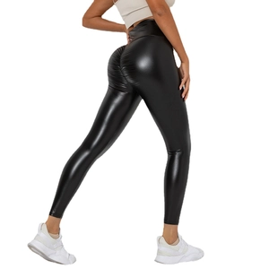 Women's high waist glossy black faux leather leggings with scrunch butt lifting effect