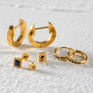 Stainless Steel Earrings Gold Plated Black Zircon Hoop And Stud Geometric Hypoallergenic Jewelry For Women