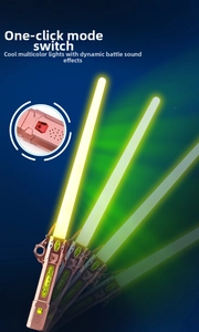 Detail view of colorful glowing telescopic lightsaber with metal handle and green light effect