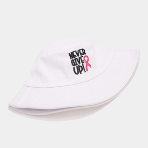 Detail of Never Give Up text and pink ribbon embroidery on white cotton bucket hat