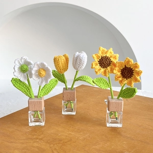 Handmade crochet sunflower and tulip mini potted plants in glass cubes for car decor