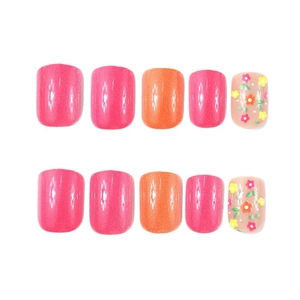 Short square glossy press-on nails featuring vibrant pink, orange and floral hand-painted designs