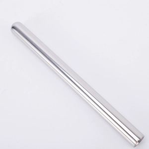 Detailed macro shot of the polished 304 stainless steel wine chiller stick's smooth texture