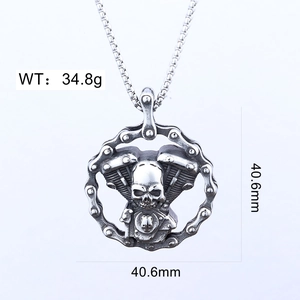 Detailed view of punk skull engine pendant with dimensions 40.6mm and weight 34.8g
