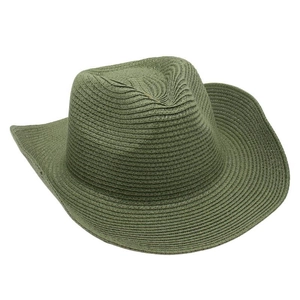 Close-up of olive green straw cowboy hat showing intricate woven texture and curved brim