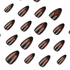 Glossy almond press-on nails with dark reddish-brown to black gradient color effect
