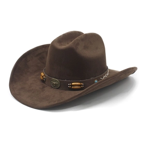 Western Cowboy Hat Suede Polyester Bull Head Emblem Leather Band Broad Brim Ethnic Vintage Style