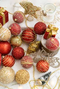Detailed view of red and gold Christmas ball ornaments with glitter and bead textures