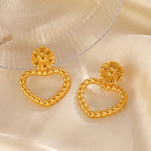 Boucles D'oreilles Pendantes Coeur En Acier Inoxydable Plaqué Or 18K Fleur Marguerite Texture Corde Style Rétro Français
