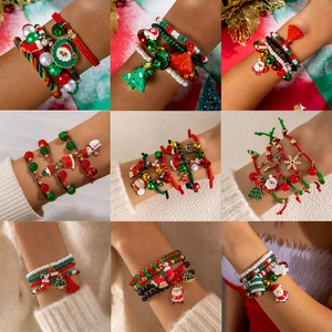 Christmas Theme Bracelet Set Alloy Santa Claus Reindeer Bell Pendants Red Green Beaded Braided Rope Festive Jewelry Gift