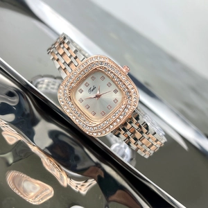 Detail of a square ladies' watch with a diamond-set rose gold bezel and bicolor metal strap