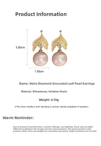 Detailed view showing dimensions and materials of leaf pearl earrings with crystal inlay