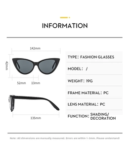 Detailed size chart for women's cat eye sunglasses with frame and lens measurements