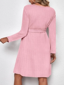 Elegant pink knit maternity A-line dress with long sleeves and matching belt back view