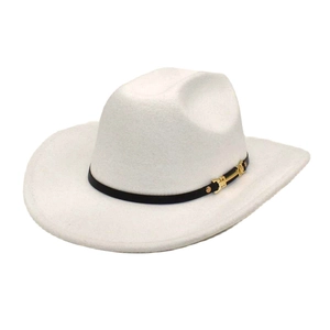 Close-up of white felt jazz hat featuring a black leather band and gold metal buckle
