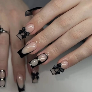 Press On Nails Long Coffin Black French Tip With 3D Bow Tie Rhinestone Accents Glossy ABS Artificial Fingernails For Women