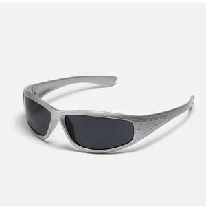 Y2K silver matte sports sunglasses with wraparound frames and dark lenses for women