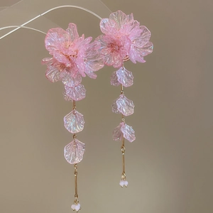 Detailed view of pink acrylic floral tassel earrings with pearlescent petals and chain