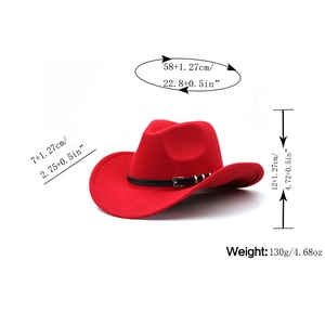 Red western fedora cowboy hat with wide brim, black leather band and silver buckle