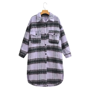 Women's long sleeve purple and black plaid wool coat with front flap pockets